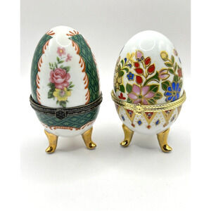 Lot of 2 Porcelain Painted Floral Egg Trinket Box Vintage Hinged Footed 4"